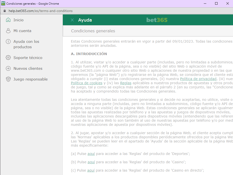 Condiciones legales Bet365